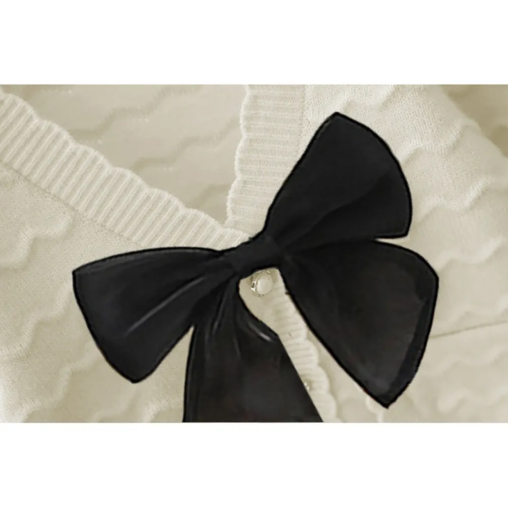 Little Surprise box White Ruffled Cardigan with Big black Bow Winter Warmer Sweater for Toddlers & Kids