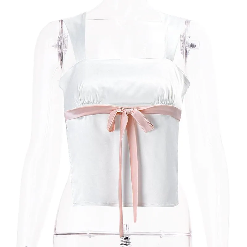 Lolita Satin Sleeveless Blouse Bow Knot Silky Shirts for women