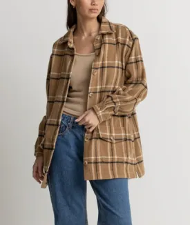 Long Check Shacket in Caramel