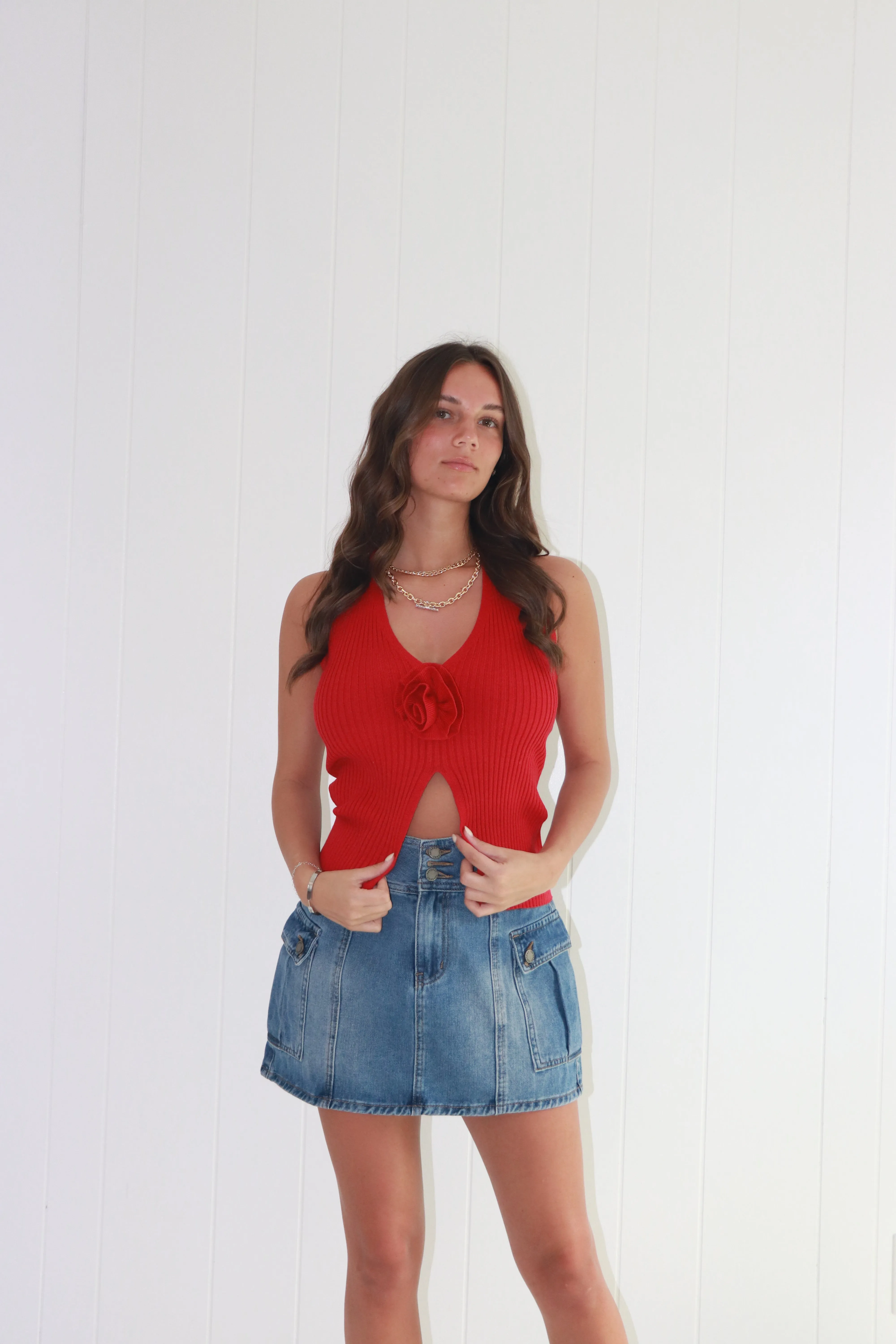 Madelyn Rosette Halter Rib Knit Top