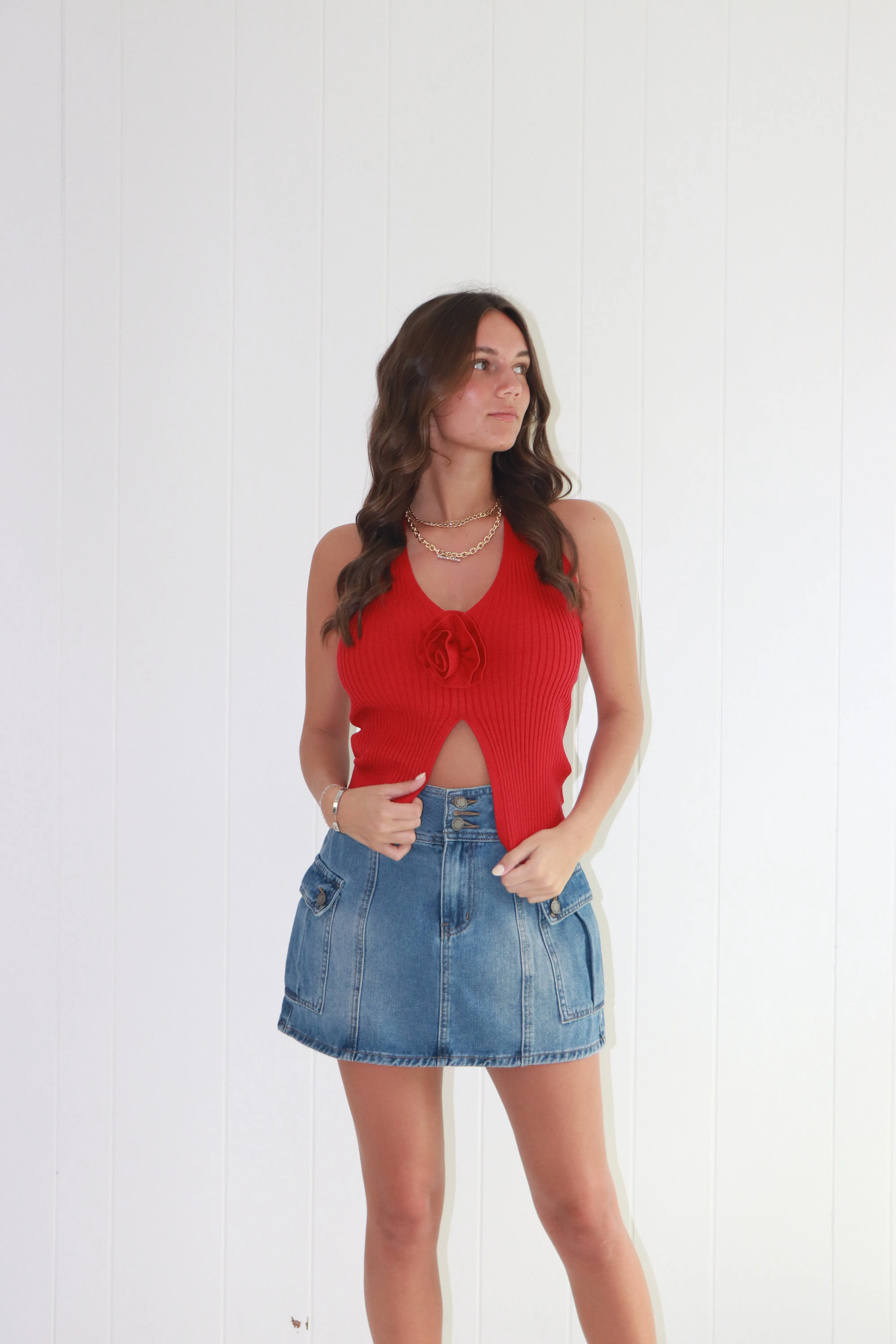 Madelyn Rosette Halter Rib Knit Top