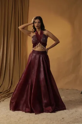 MAROON ORGANZA LEHENGA SET