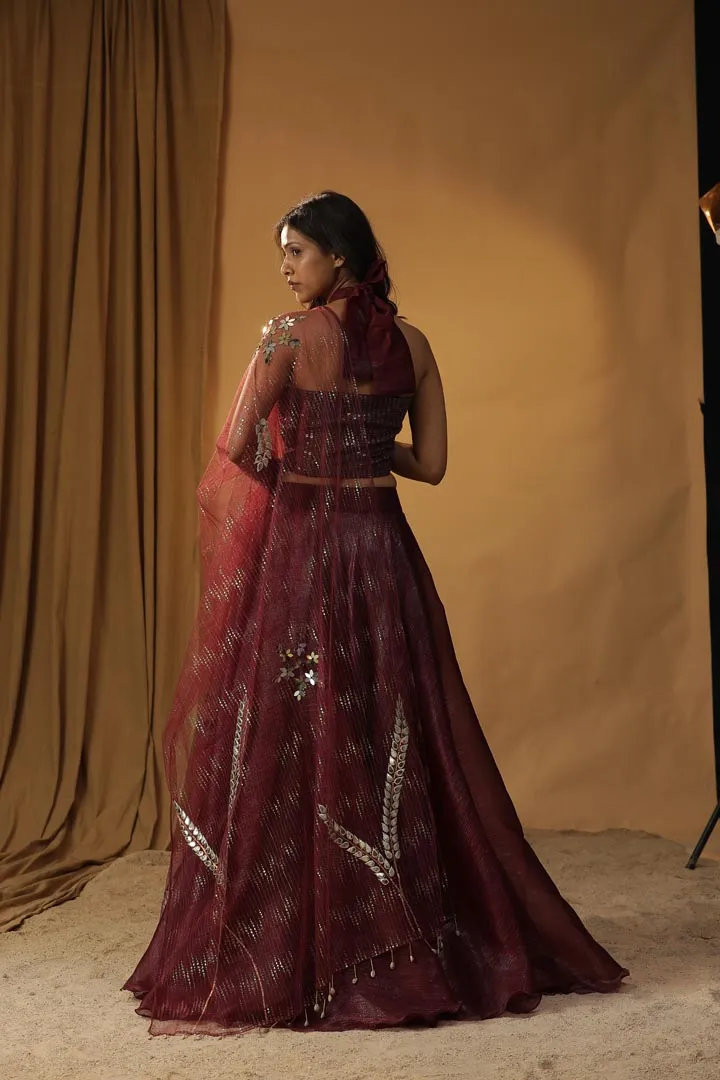 MAROON ORGANZA LEHENGA SET