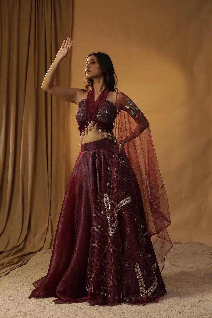 MAROON ORGANZA LEHENGA SET