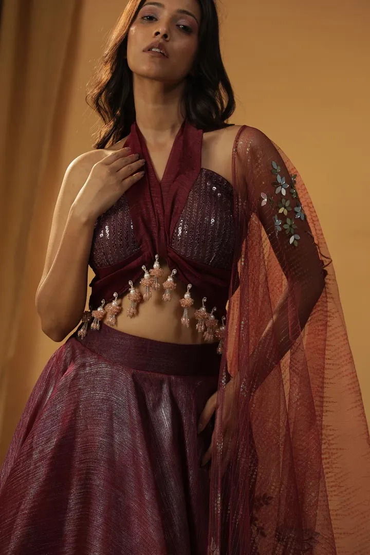 MAROON ORGANZA LEHENGA SET