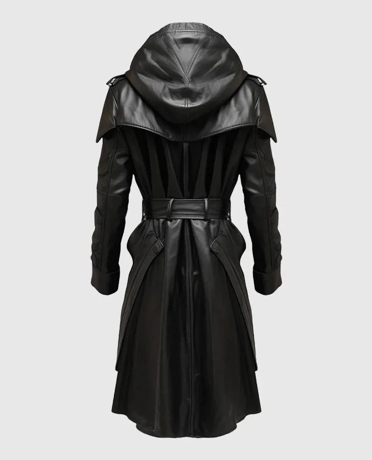 Men's Black Stylish Hooded Leather Coat