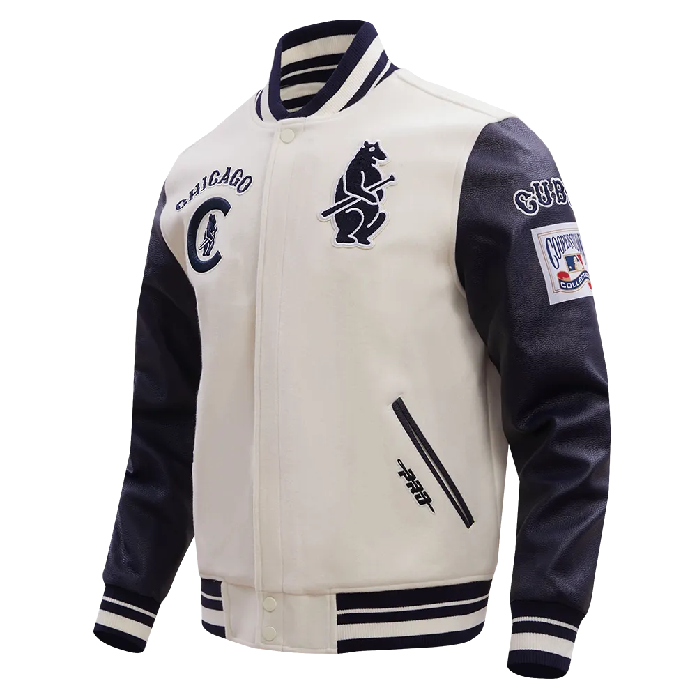MLB CHICAGO CUBS RETRO CLASSIC MEN'S RIB WOOL VARSITY JACKET (EGGSHELL/MIDNIGHT NAVY)