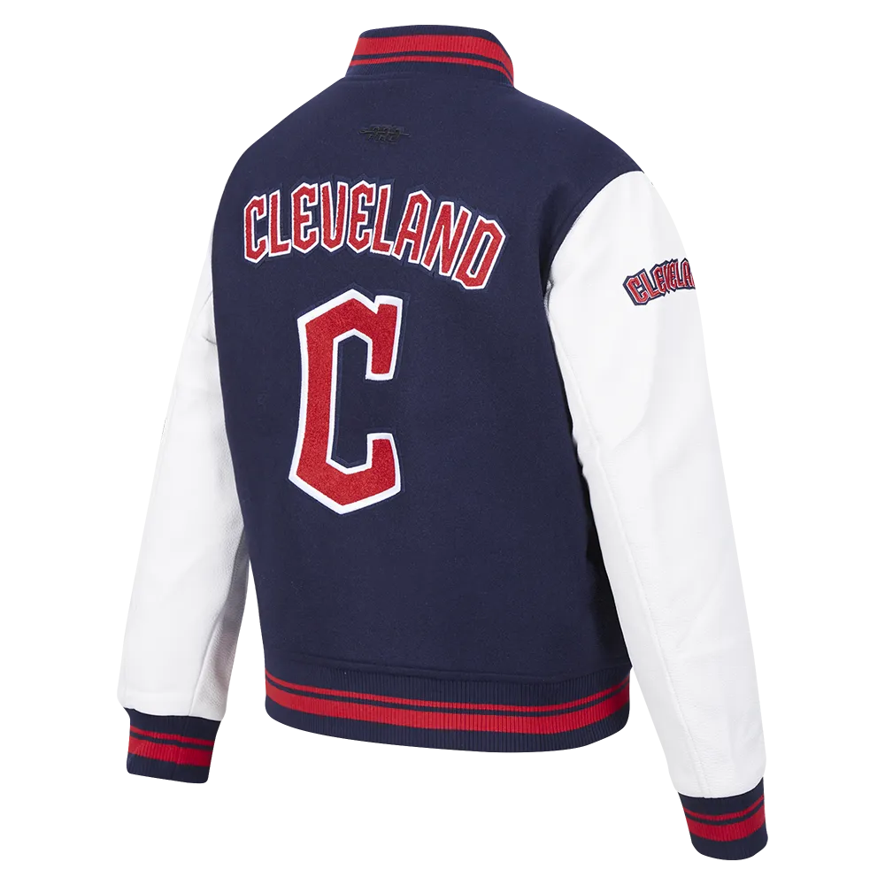 MLB CLEVELAND GUARDIANS RETRO CLASSIC WOMEN'S RIB WOOL VARSITY JACKET (EGGSHELL/MIDNIGHT NAVY)