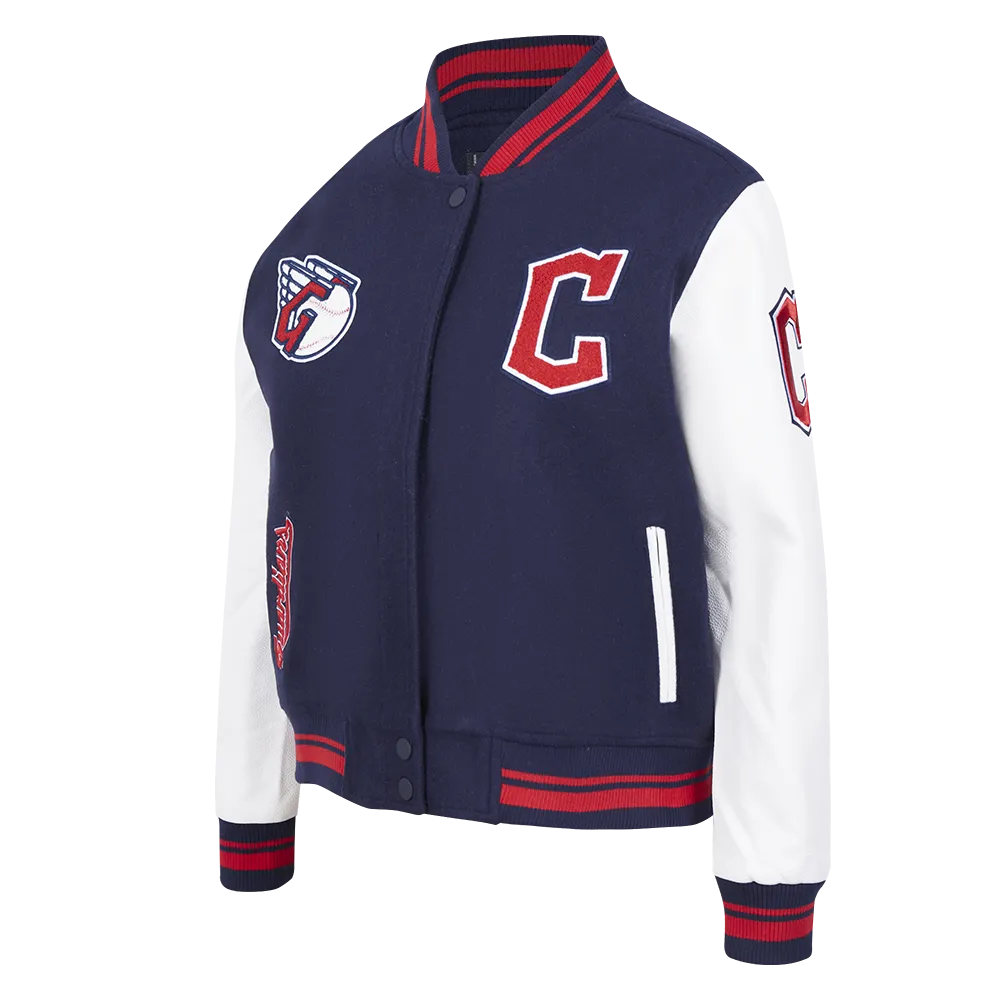 MLB CLEVELAND GUARDIANS RETRO CLASSIC WOMEN'S RIB WOOL VARSITY JACKET (EGGSHELL/MIDNIGHT NAVY)