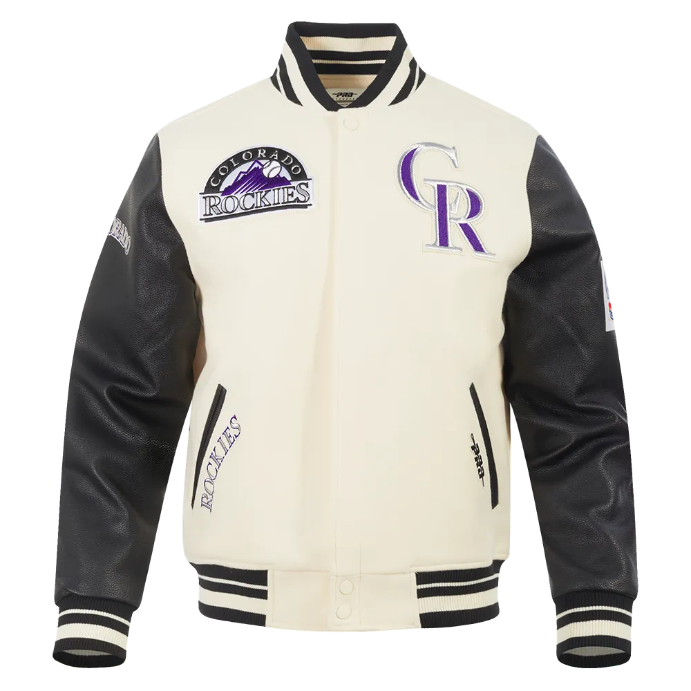 MLB COLORADO ROCKIES RETRO CLASSIC MEN'SS RIB VARSITY JACKET (EGGSHELL/ BLACK)