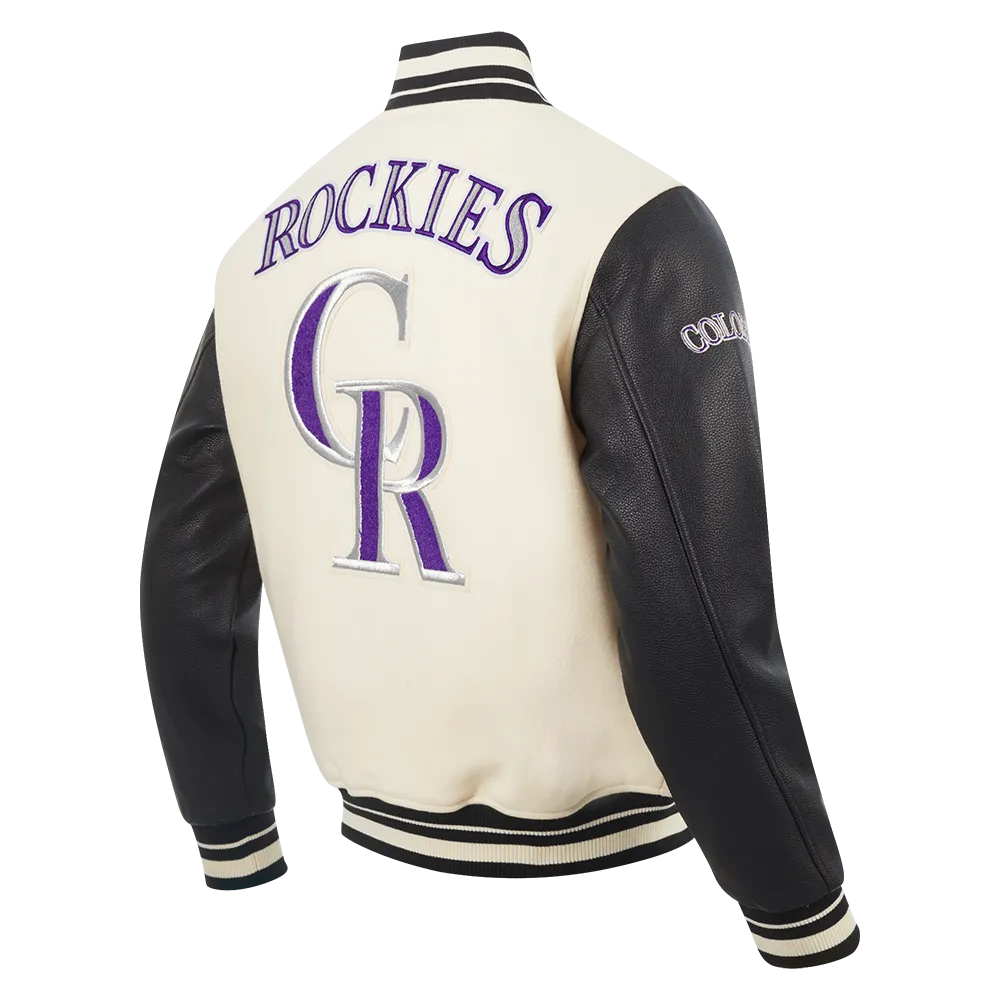 MLB COLORADO ROCKIES RETRO CLASSIC MEN'SS RIB VARSITY JACKET (EGGSHELL/ BLACK)