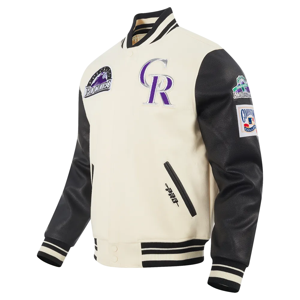MLB COLORADO ROCKIES RETRO CLASSIC MEN'SS RIB VARSITY JACKET (EGGSHELL/ BLACK)