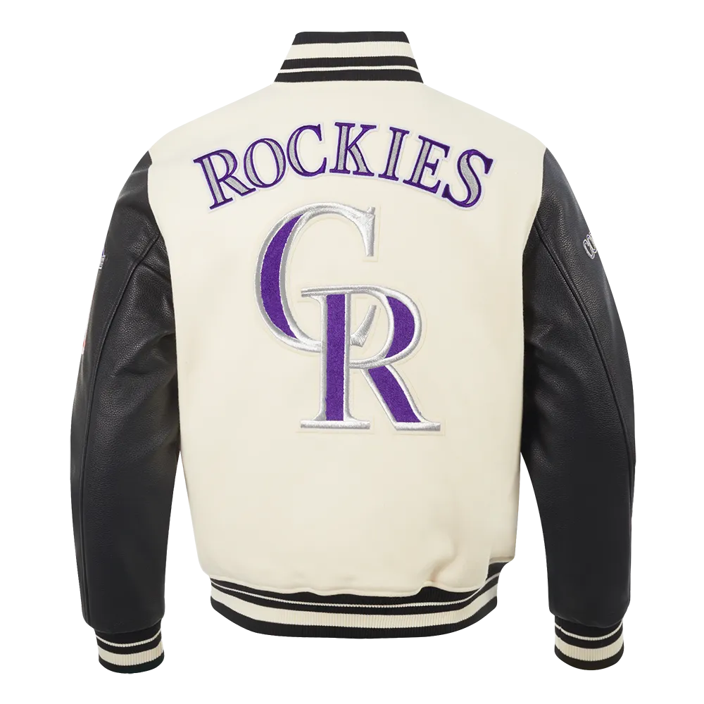 MLB COLORADO ROCKIES RETRO CLASSIC MEN'SS RIB VARSITY JACKET (EGGSHELL/ BLACK)