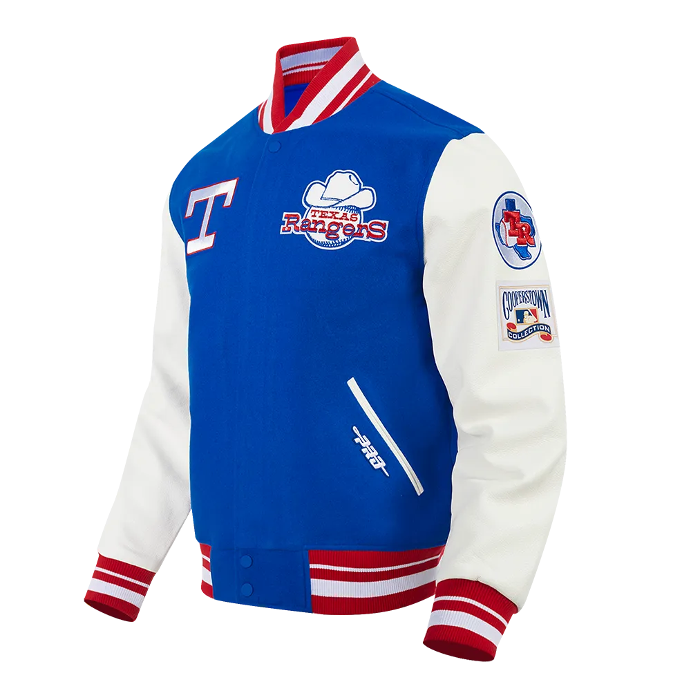 MLB TEXAS RANGERS RETRO CLASSIC MEN'S RIB VARSITY JACKET (ROYAL BLUE/RED)