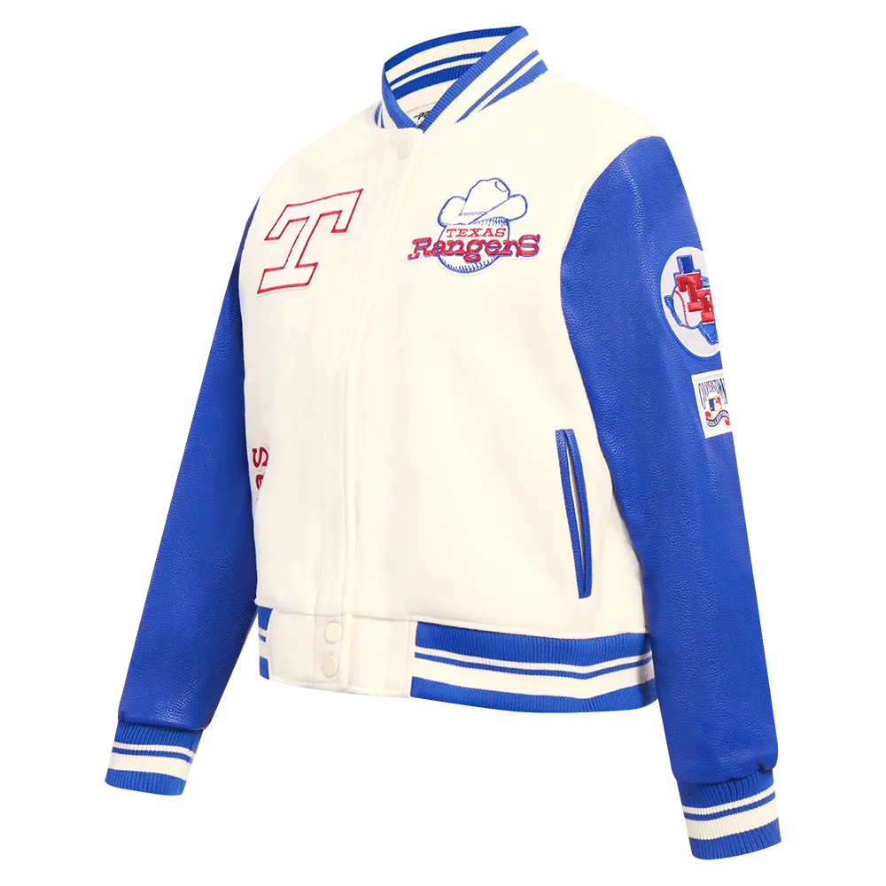 MLB TEXAS RANGERS RETRO CLASSIC WOMEN'S RIB WOOL VARSITY JACKET (EGGSHELL/ROYAL BLUE)