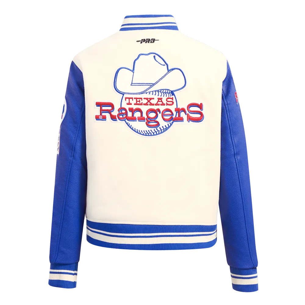 MLB TEXAS RANGERS RETRO CLASSIC WOMEN'S RIB WOOL VARSITY JACKET (EGGSHELL/ROYAL BLUE)