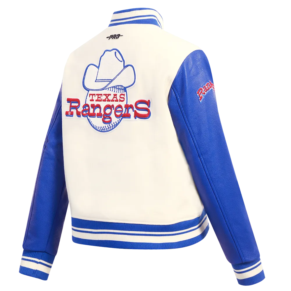 MLB TEXAS RANGERS RETRO CLASSIC WOMEN'S RIB WOOL VARSITY JACKET (EGGSHELL/ROYAL BLUE)