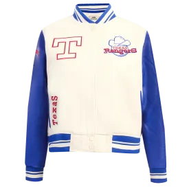 MLB TEXAS RANGERS RETRO CLASSIC WOMEN'S RIB WOOL VARSITY JACKET (EGGSHELL/ROYAL BLUE)