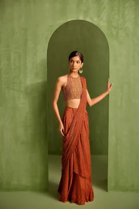 Orange Viscose Chinon Geometric Printed Pre-draped Saree With Embroidered Blouse
