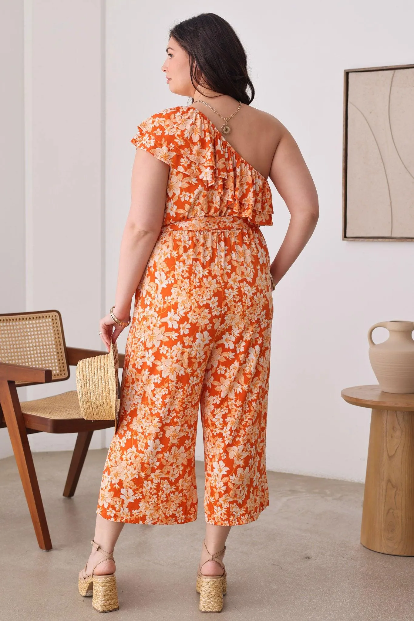 Plus Size Floral One Ruffle Short Sleeve Front Tie Wide Leg Jumpsit