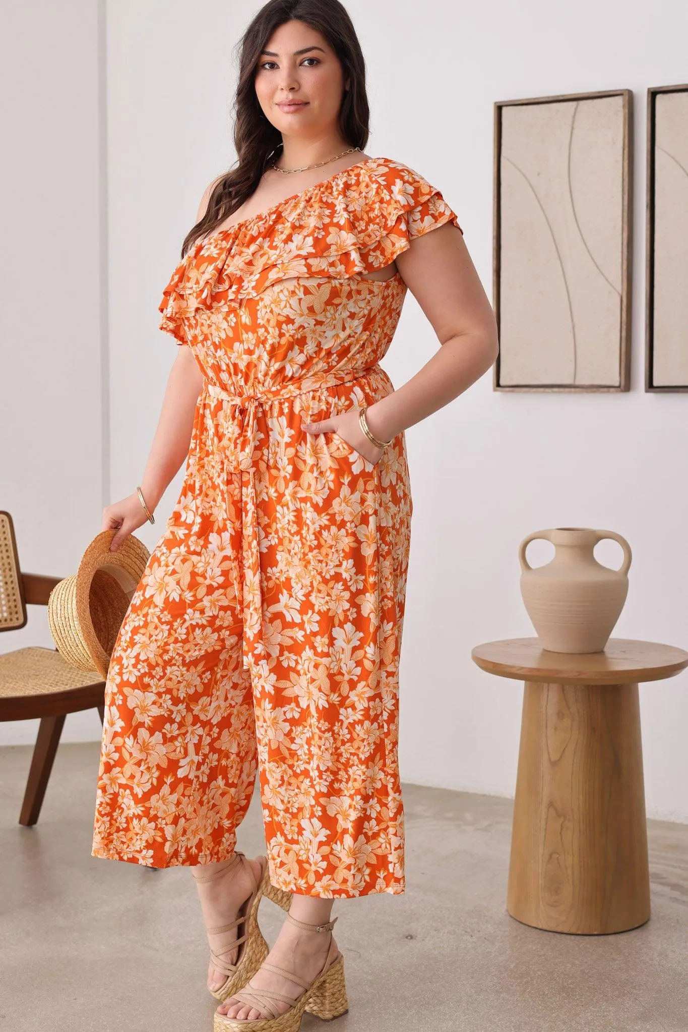 Plus Size Floral One Ruffle Short Sleeve Front Tie Wide Leg Jumpsit