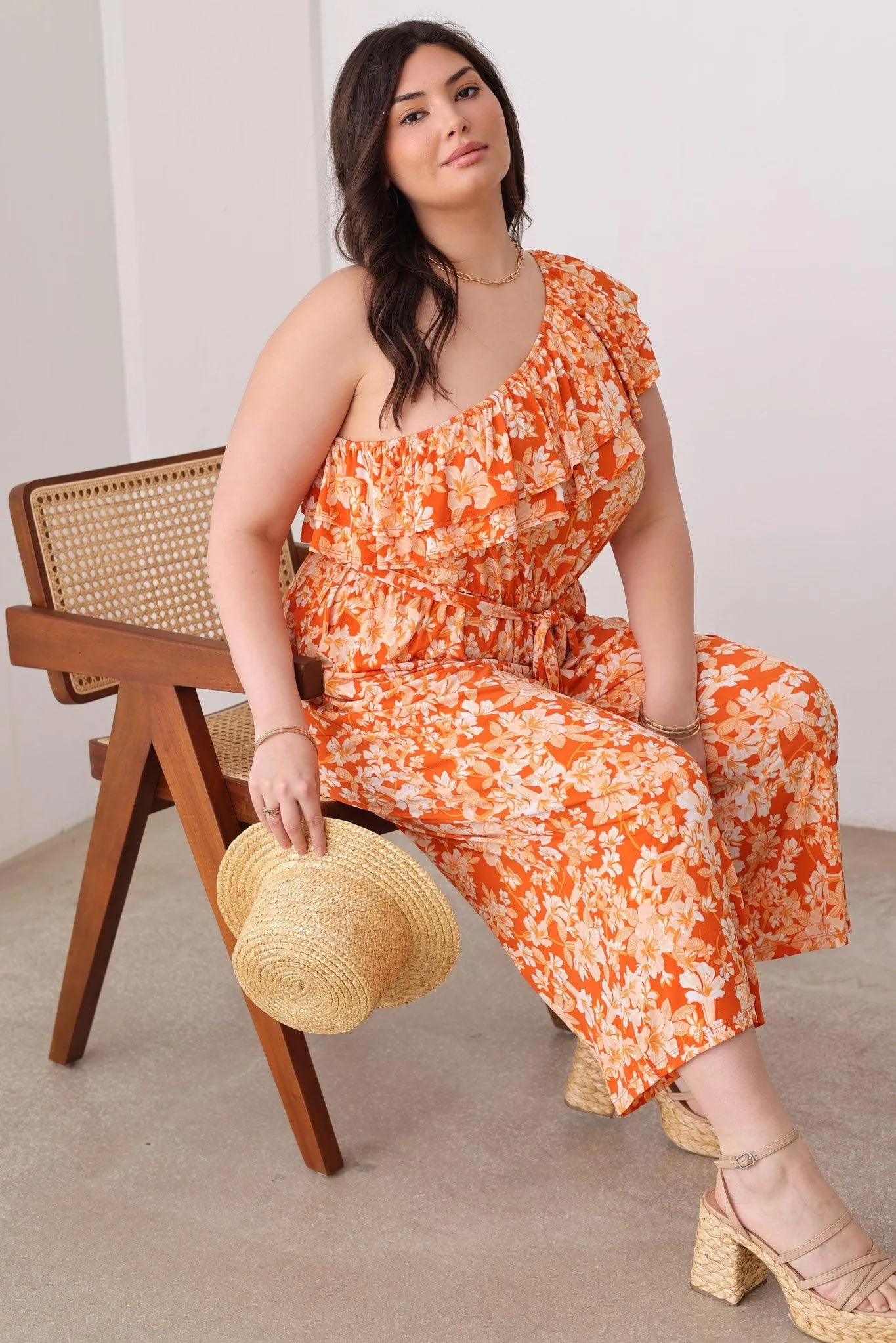 Plus Size Floral One Ruffle Short Sleeve Front Tie Wide Leg Jumpsit