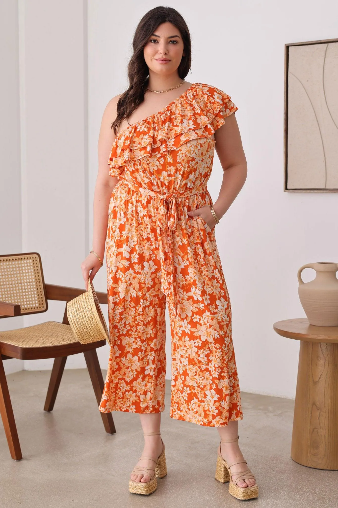 Plus Size Floral One Ruffle Short Sleeve Front Tie Wide Leg Jumpsit