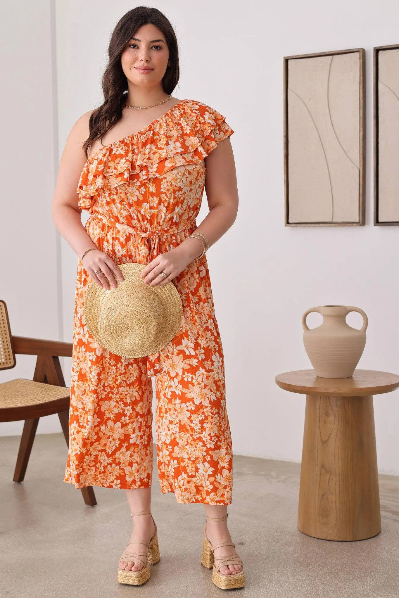 Plus Size Floral One Ruffle Short Sleeve Front Tie Wide Leg Jumpsit