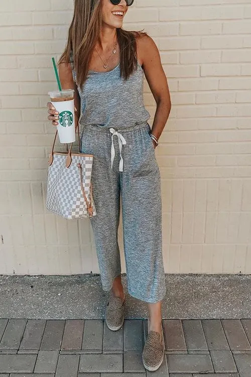 Pockets Drawstring Sleevelss Jumpsuit