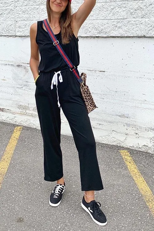 Pockets Drawstring Sleevelss Jumpsuit