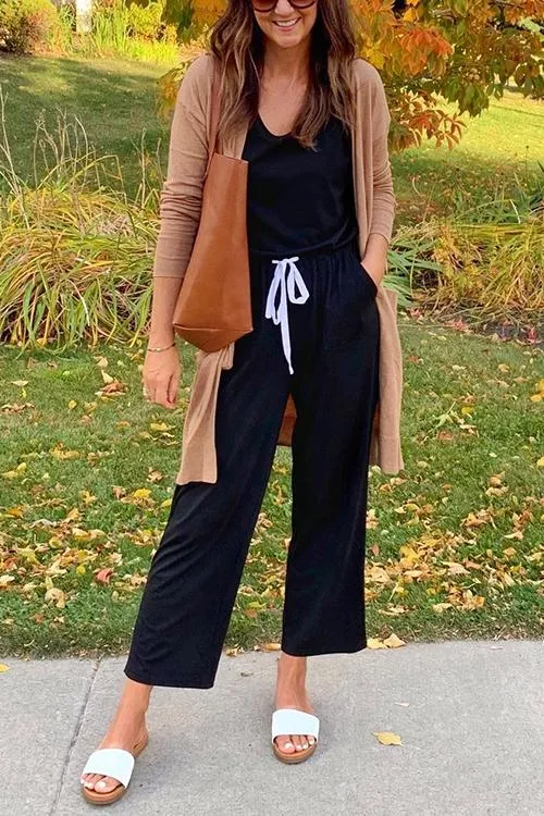 Pockets Drawstring Sleevelss Jumpsuit