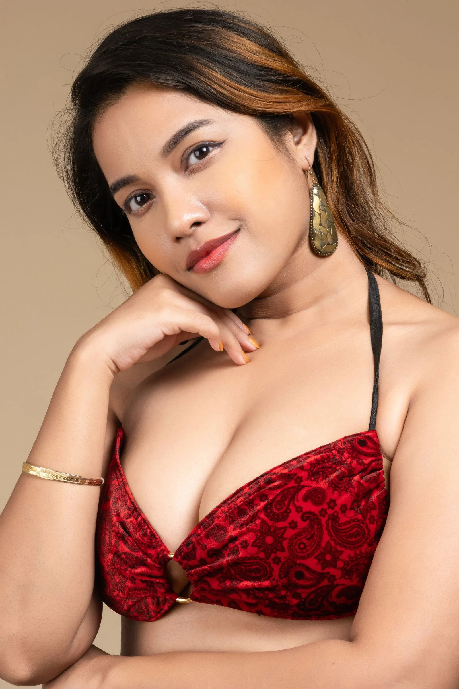 Red Velvet Bikini Top - Designer Backless Halter Neck Women's Blouse, Non-Padded