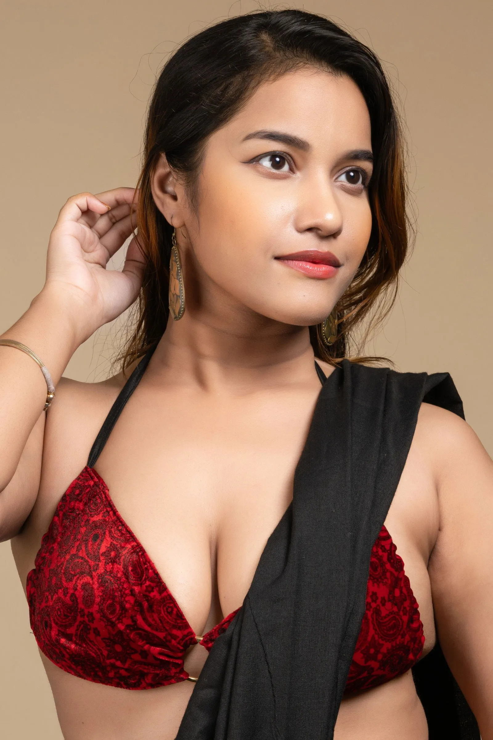 Red Velvet Bikini Top - Designer Backless Halter Neck Women's Blouse, Non-Padded
