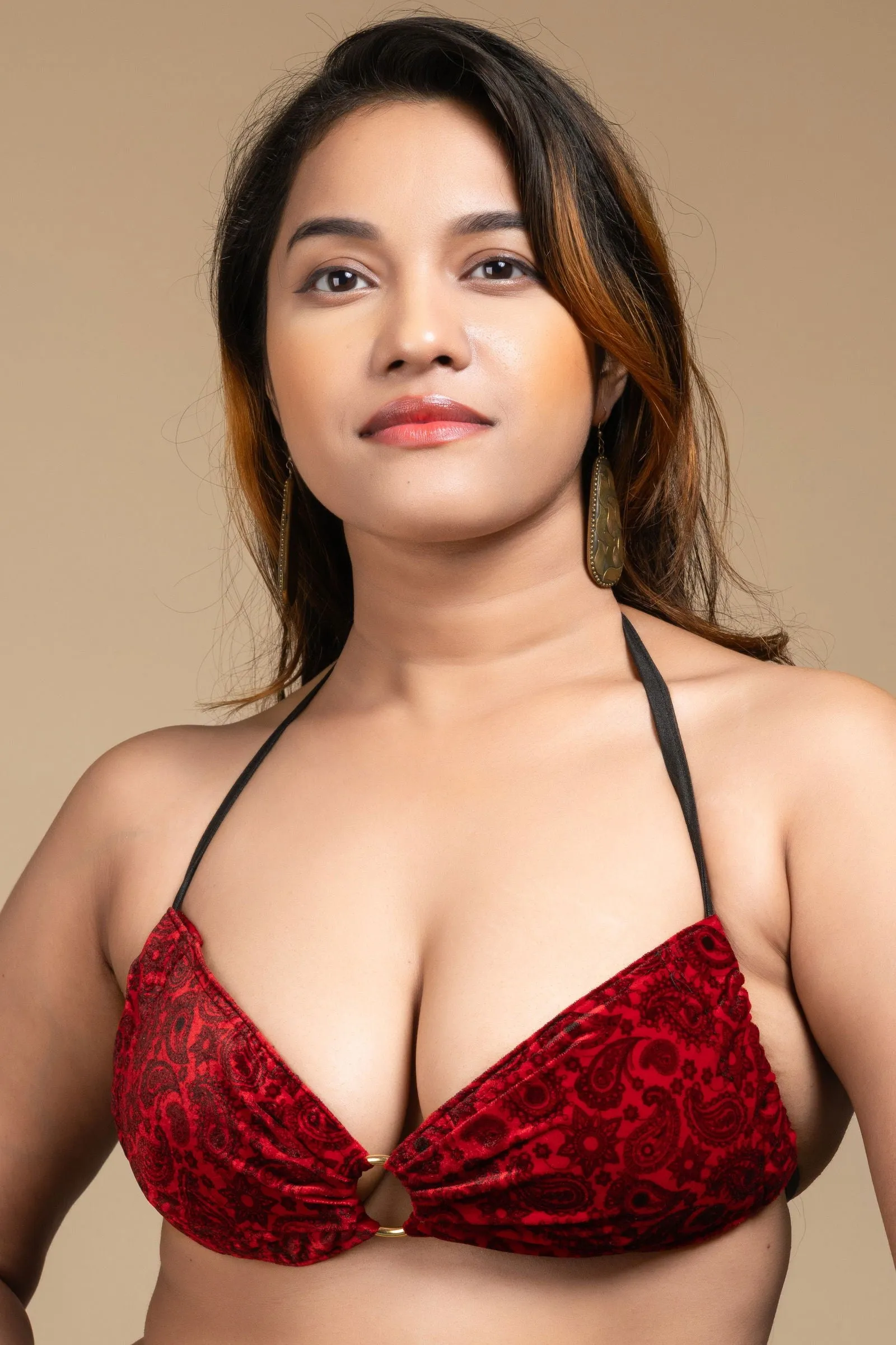 Red Velvet Bikini Top - Designer Backless Halter Neck Women's Blouse, Non-Padded