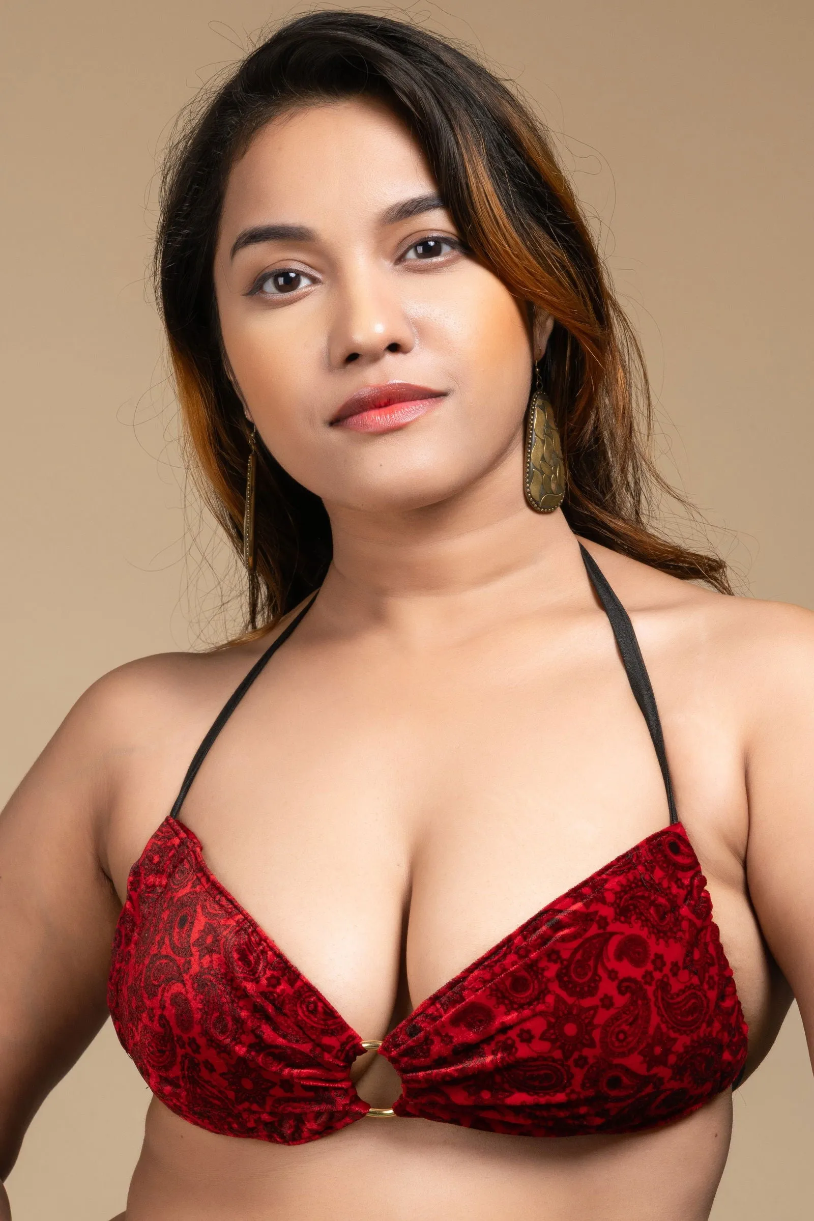 Red Velvet Bikini Top - Designer Backless Halter Neck Women's Blouse, Non-Padded