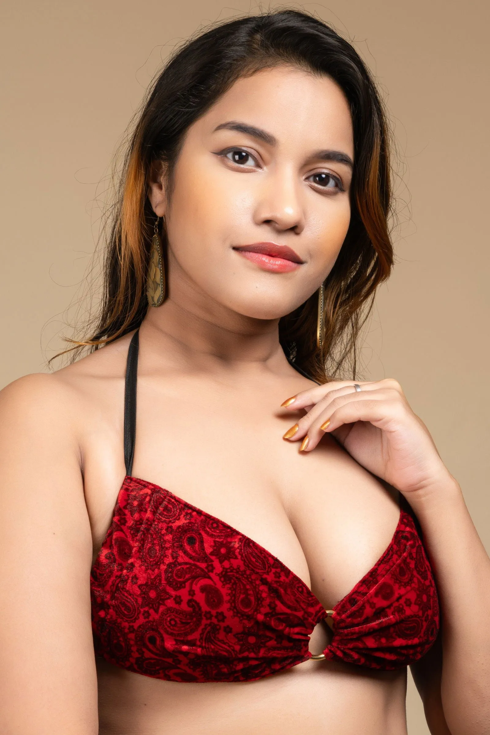 Red Velvet Bikini Top - Designer Backless Halter Neck Women's Blouse, Non-Padded