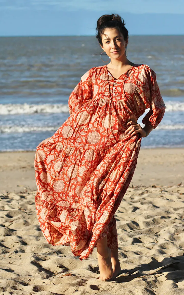 River Goddess 100% Cotton Maxi Dress Neera Rust Sunflower