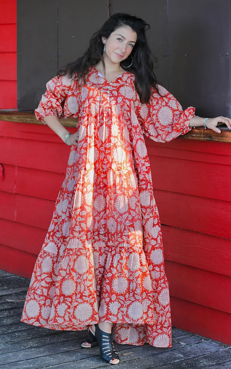 River Goddess 100% Cotton Maxi Dress Neera Rust Sunflower