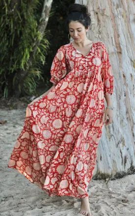 River Goddess 100% Cotton Maxi Dress Neera Rust Sunflower