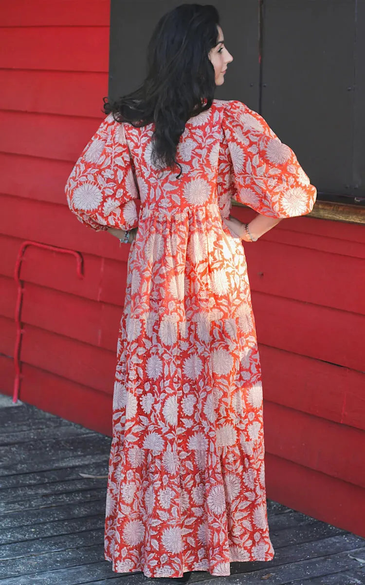 River Goddess 100% Cotton Maxi Dress Neera Rust Sunflower