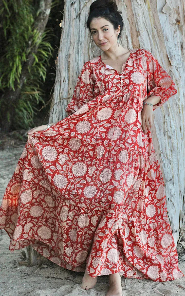 River Goddess 100% Cotton Maxi Dress Neera Rust Sunflower