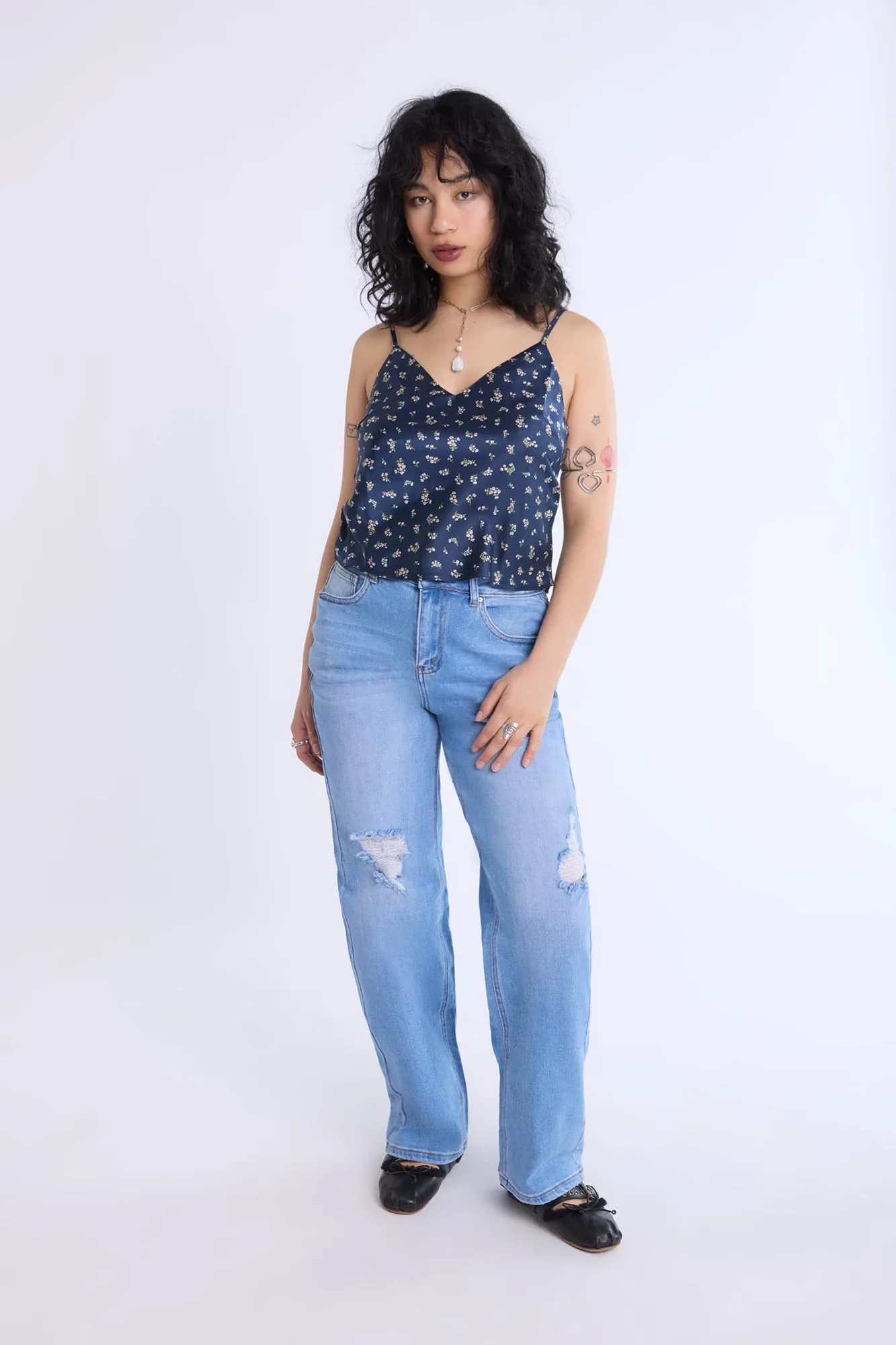 Satin Floral Print V-Neck Cami