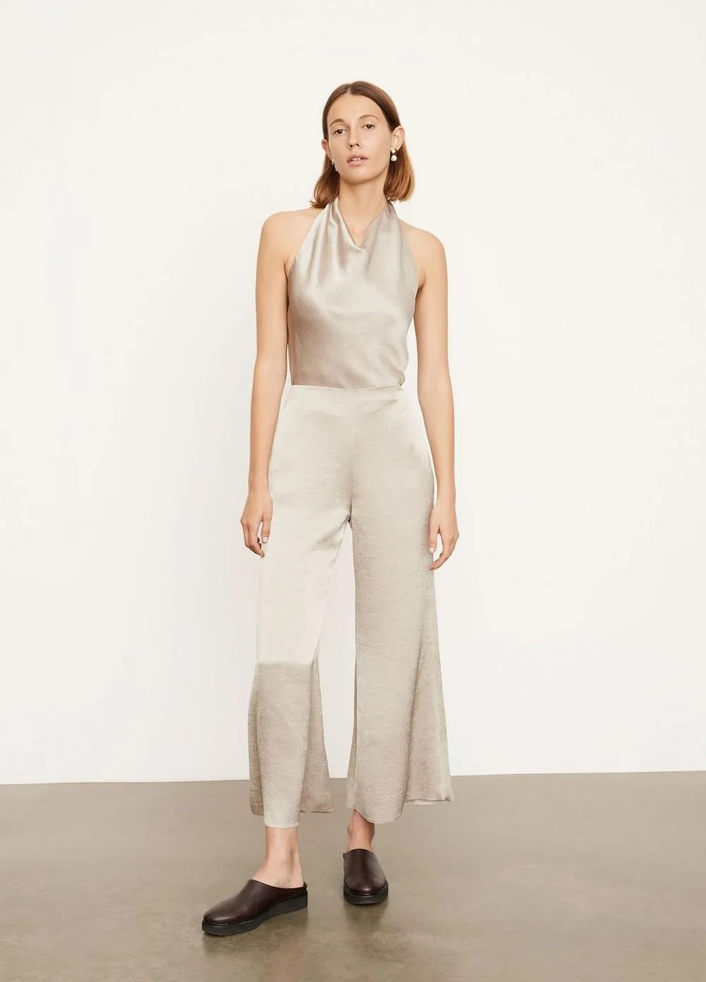 Satin Wide Flair Pant in Oat Stone
