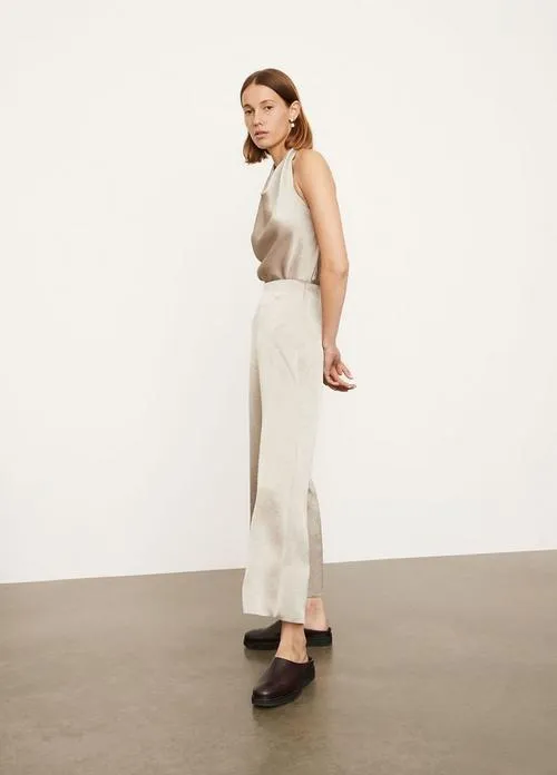 Satin Wide Flair Pant in Oat Stone