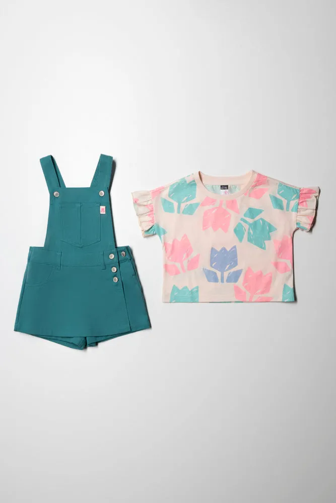 Skort With Flower T-Shirt Set Teal