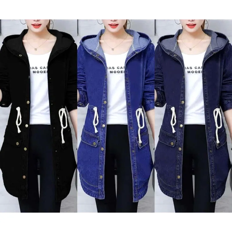 Trendy Winter Elegance Long Full Sleeves Denim Coat with Hood for Ladies