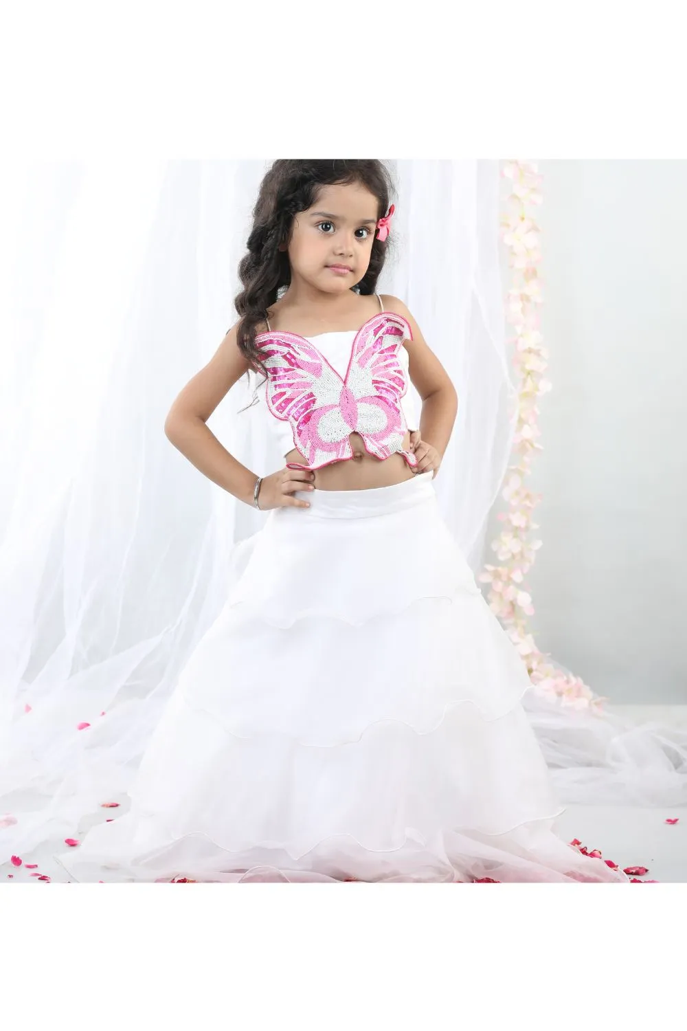 White 3D Embroidered Butterfly Top With Layered Lehenga Set
