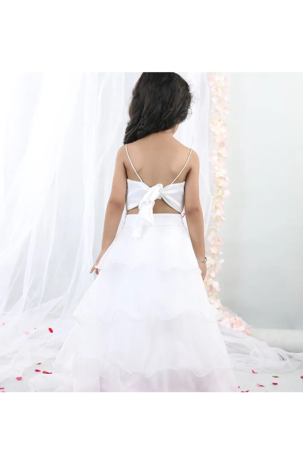 White 3D Embroidered Butterfly Top With Layered Lehenga Set