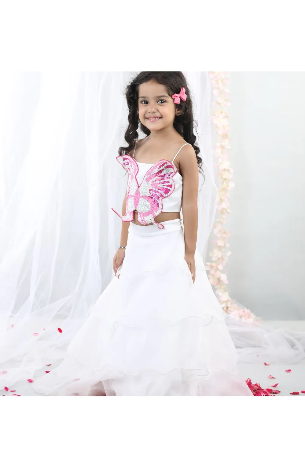 White 3D Embroidered Butterfly Top With Layered Lehenga Set