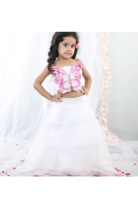 White 3D Embroidered Butterfly Top With Layered Lehenga Set